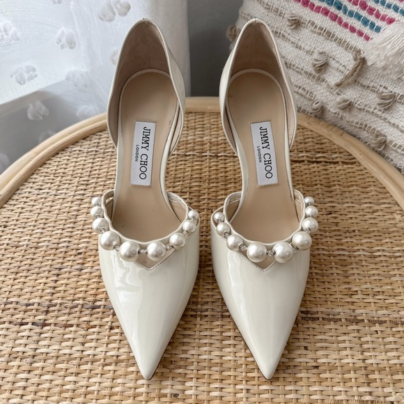 Jimmy Choo Aurelie 85 Latte White Faux Pearl Embellished Patent Leather Pumps 39 - Picture 5 of 11